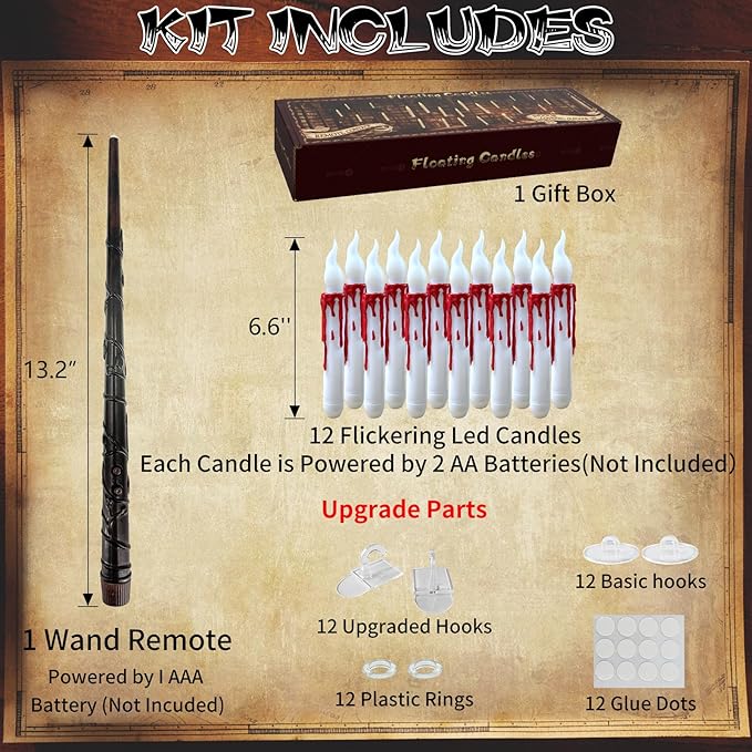 Halloween Decorations, 2023 Newest Floating LED Candles with Wand Remote Control, Witch Wizard Christmas Decor for Indoor Home Room Classroom Bedroom Birthday Party, 12pcs (White & Red), 6.6-VerdiqueGarden