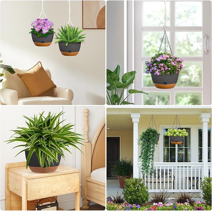 10 Inch Hanging Planters for Indoor & Outdoor Plants (2 Pack) - Self-Watering & Drainage Flower Pots with 2 Kinds of Plant Hangers for Home Decor & Garden (Deep Gray, 10 in)-VerdiqueGarden