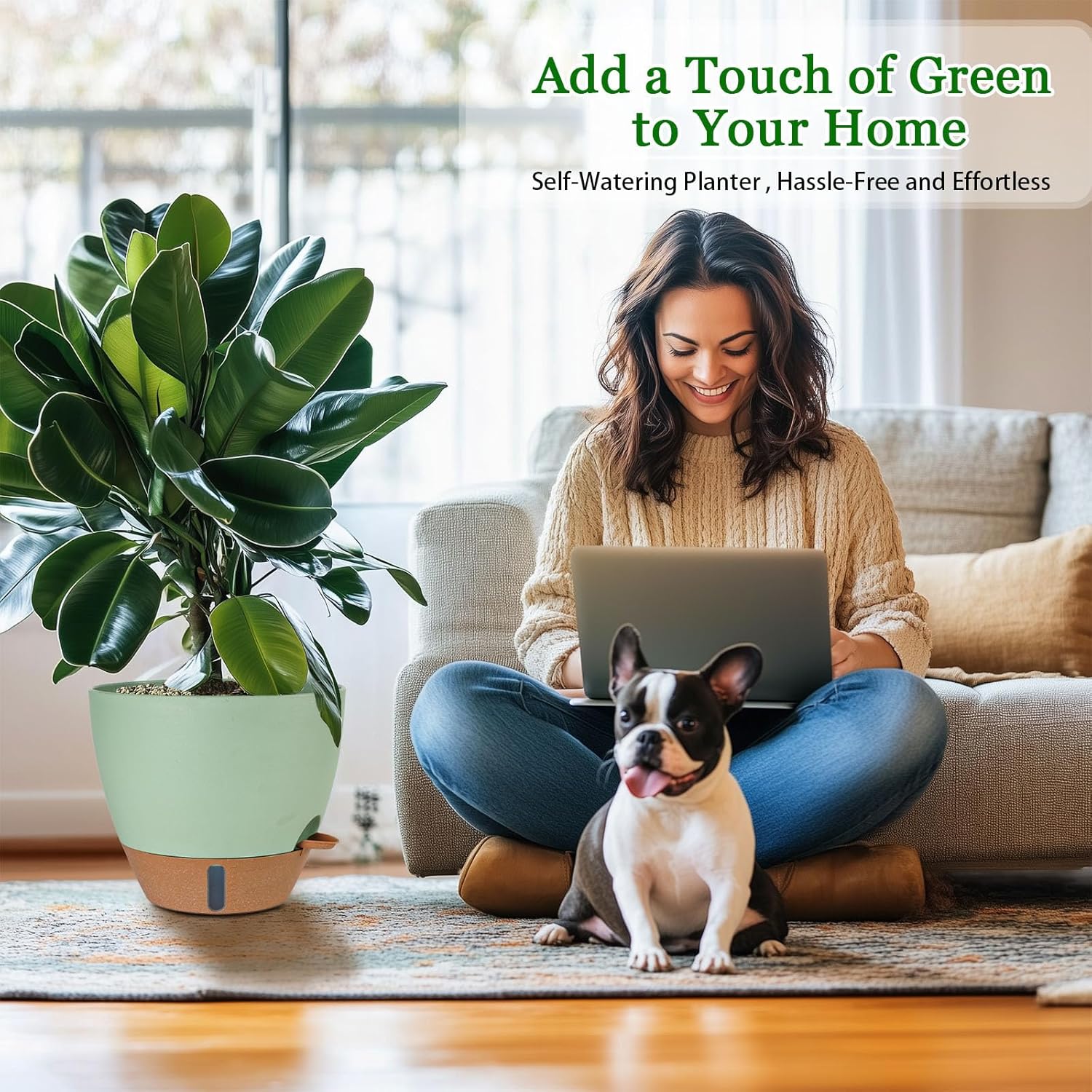 8/10/12 Inch Self Watering Pots for Indoor/Outdoor Plants - Large Plastic Planter with Drainage Holes, Water Level Indicator & Deep Reservoir, Modern Decorative Flower Pots (Green)-VerdiqueGarden