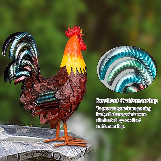 XONOR Metal Rooster Statues, Garden Chicken Decorations, Outdoor Chicken Sculpture, Metal Yard Rooster Artwork for Outdoor, Patio, Backyard and Home Kitchen Decoration (1pc, Red Brown)-VerdiqueGarden