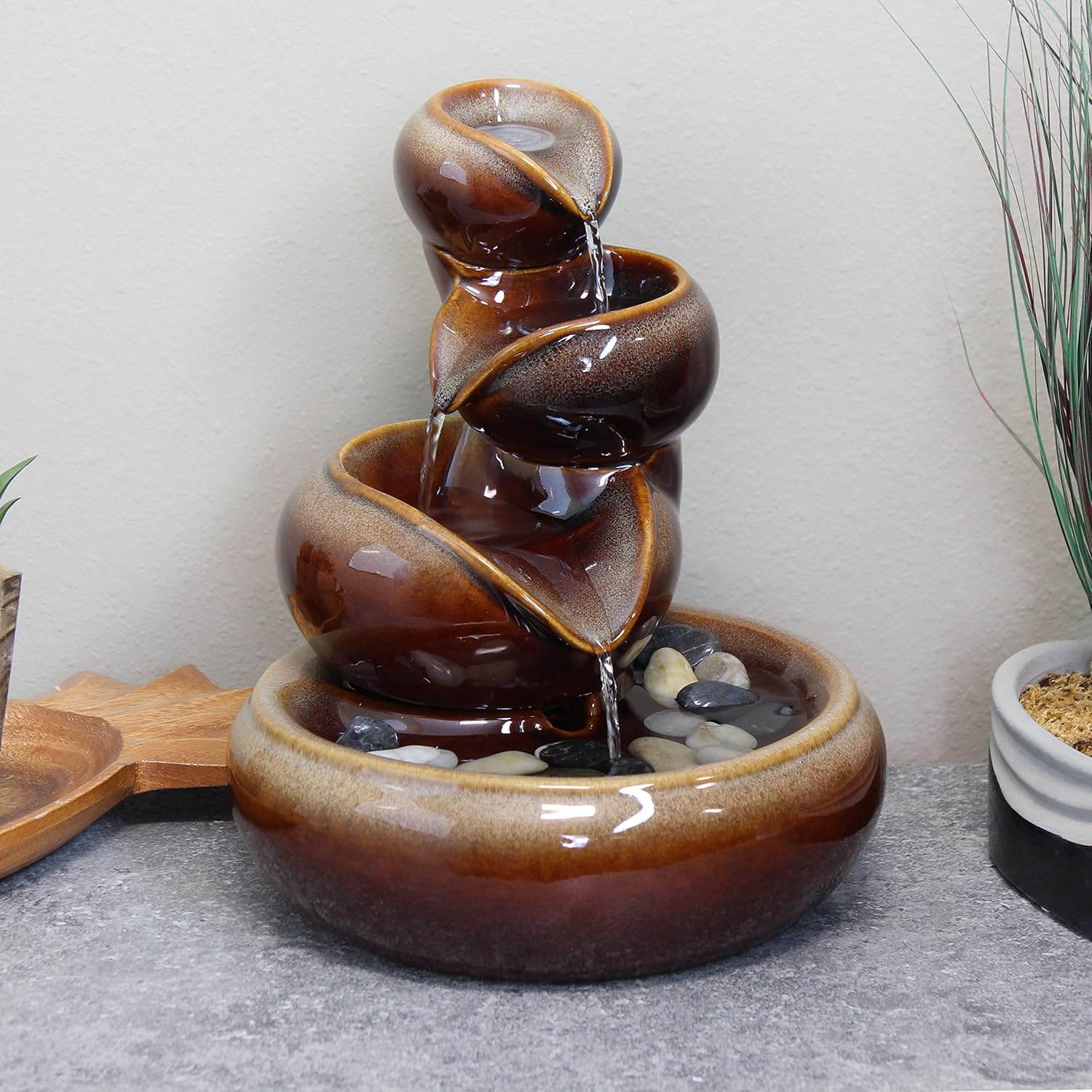 Sunnydaze Tiered Vessels Ceramic Tabletop Water Fountain - Relaxing Indoor Fountain for Office, Bedroom, or Living Room - Brown-VerdiqueGarden