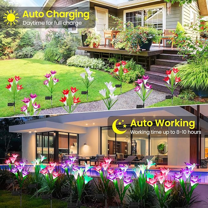 KOOPER Solar Lights, 4 Pack Lily Flower Lights, Waterproof 7 Color Changing - Bigger Solar Panel for Outdoor Patio Yard Garden Decoration-VerdiqueGarden