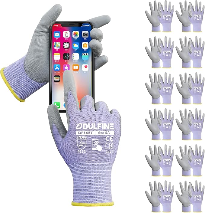DULFINE Work Gloves for Men PU Coated 12 Pairs Bulk Pack,Purple Seamless Knit Glove with thin Polyurethane,Two Finger Touchscreen, for Men and Women, Ideal for Light Duty Work. (Medium)-VerdiqueGarden