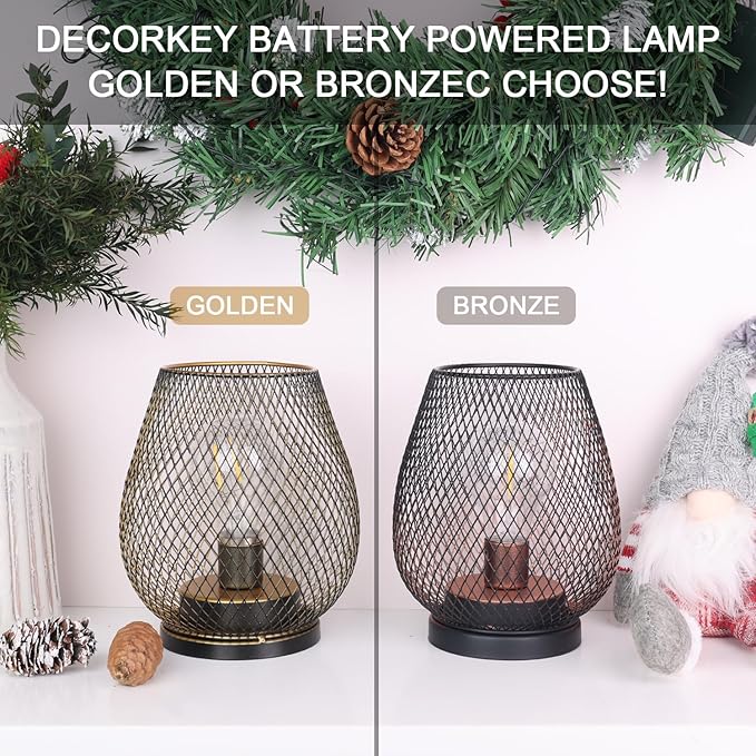 DECORKEY Set of 6 Battery Operated Lamp LED Table Lantern, Golden Metal Cage Cordless Lamps with LED Bulb, Vintage Decorative Outdoor Lantern for Weddings, Party, Patio, Events for Indoors Shelf Decor-VerdiqueGarden