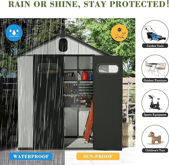 Domi 6x6FT Outdoor Resin Storage Shed with Transparent Windows & Louvered Vents, Plastic Tool Shed with Double Lockable Doors & Gable Roof, Outside Garden Shed for Backyard, Patio, Lawn, Grey-VerdiqueGarden