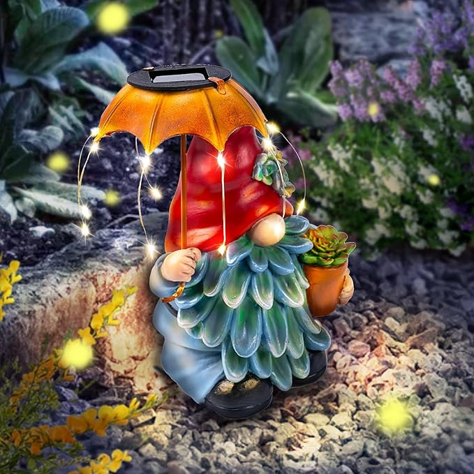 Solar Outdoor Statues Gnome Garden Decor, Garden Gnome with Solar LED Umbrella Decorative for Patio, Balcony, Lawn, Yard Ornament - Unique Gardening Gifts for Mom Grandma-VerdiqueGarden