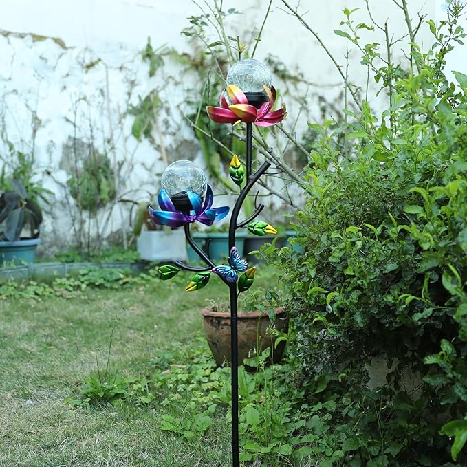 VCUTEKA Solar Garden Light Solar Flowers Light with LED Crackle Glass Globe Solar Lights Outdoor Metal Garden Stake Wind Spinner for Garden Decoration, Patio Decor, Yard Decor and Gift for Mother-VerdiqueGarden