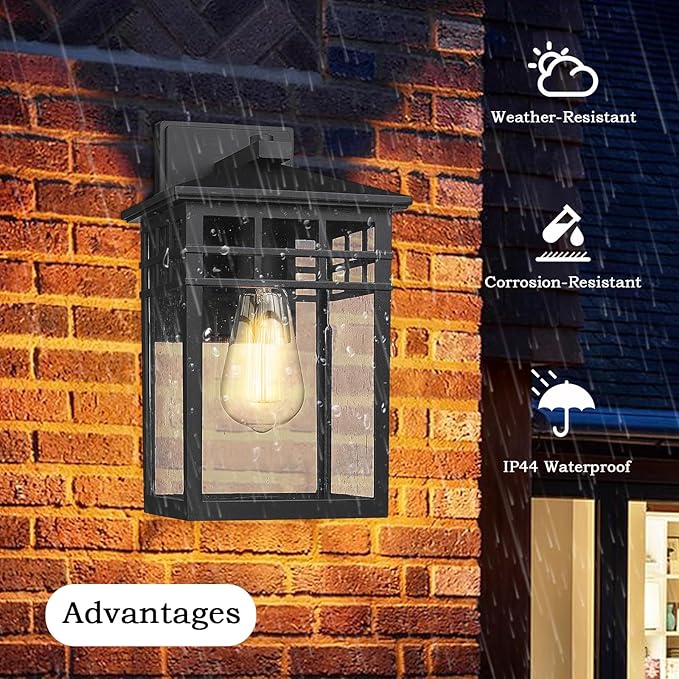 Outdoor Light Fixture Wall Mount, Modern Exterior Lights Fixture Wall Sconces with Seeded Glass for Front Porch, Farmhouse Rustic Waterproof Lantern Lamp in Black Finish for Home, Barn, Garage-VerdiqueGarden