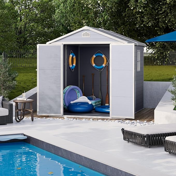 Storage Shed Plastic Outdoor Storage Shed Waterproof Container House with Lockable Door and Transparent Window for Garden, Lawn, Backyard, Patio (6x8FT)-VerdiqueGarden
