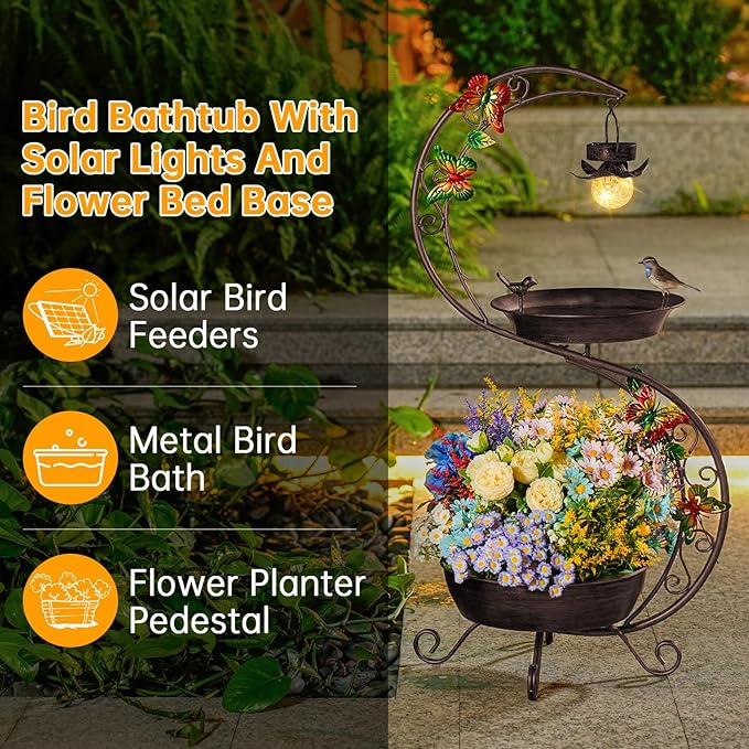Bird Bath for Outside with Solar Lamp, 36" Birdbaths for Outdoors with Planter Flower Pot, Metal Bird Bath Bowl for Garden Yard Decor (All Vintage Brown)-VerdiqueGarden