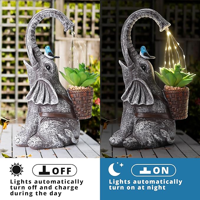 Solar Elephant Watering Effect LED Lights Garden Statue, Outdoor Garden Decor for Lawn, Balcony, Yard, Gifts for Mom, Grandma, Wife-VerdiqueGarden