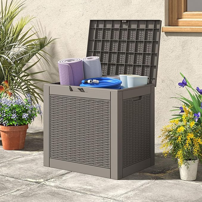 NUNU LAB 30 Gallon Waterproof Resin Deck Box, Lockable Outdoor & Indoor Storage Bench for Patio Cushions, Garden Tools, Pool Accessories & Package Deliveries – Grey-VerdiqueGarden