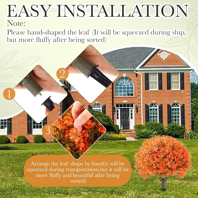 Yunlly 4 Pack 18" Artificial Boxwood Ball Bush Topiary Trees Fake Outdoor Plants, Realistic UV Resistance Faux Shrubs with Spike Greenery Topiary for Front Porch Garden Yard Patio Indoor (Orange)-VerdiqueGarden