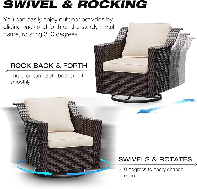 Joyside Wicker Patio Furniture Sets, 6 Pieces Upgraded Large Size Outdoor Furniture with Swivel Rocking Patio Chairs, Outdoor Ottoman, 3-Seat Sofa and Side Table, Thick Cushions, Wide Armrest-VerdiqueGarden