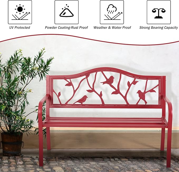 PHI VILLA Outdoor Patio 50" Metal Park Bench Red, Steel Frame Bench with Backrest and Armrests for Porch, Patio, Garden, Lawn, Balcony, Red Bird-VerdiqueGarden
