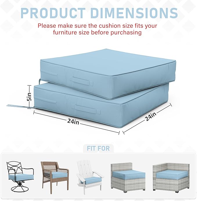 Patio Chair Cushions 24 X 24 X 5 Inch Waterproof Outdoor Seat Cushions for Patio Furniture, Outdoor Sofa Couch Pads with Ties & Handle, Set of 2, Light Blue-VerdiqueGarden