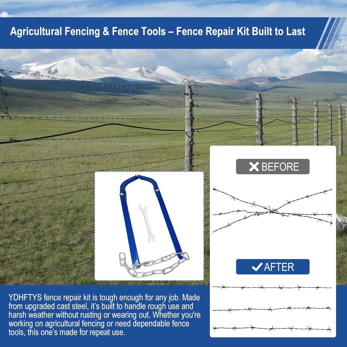 Updated Heavy Duty Fence Repair Tool, Fence Stretcher Tool for Tightening and Restoring Barbed Wire, Electric Fence, Horse Fence, Mesh Fencing, Fence Stretcher-Fence Repair for Ranch,Farm, Garden Use.-VerdiqueGarden