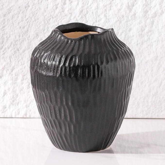 7.8 Inch Black Ceramic Vase - Modern Minimalist Round Vase for Centerpiece, Farmhouse, Living Room-Handcrafted Decorative Design for Dried Flowers, Plants, Home Decor, Rustic & Vintage Styles-VerdiqueGarden