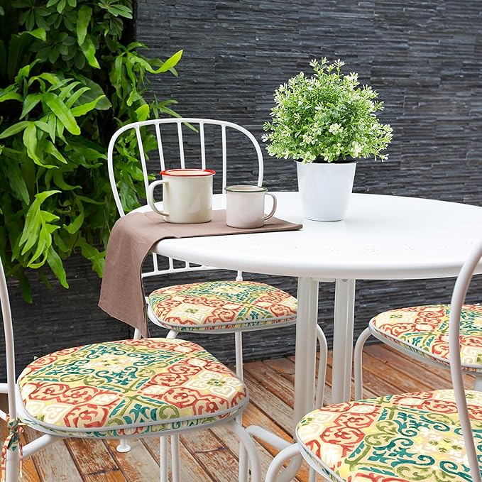 Indoor/Outdoor Chair Cushions 16x17 Inch, Patio Chair Cushions with Ties, All Weather Seat Cushions for Patio Furniture Home Garden Chair Use, Set of 4,Geometric Orange-VerdiqueGarden