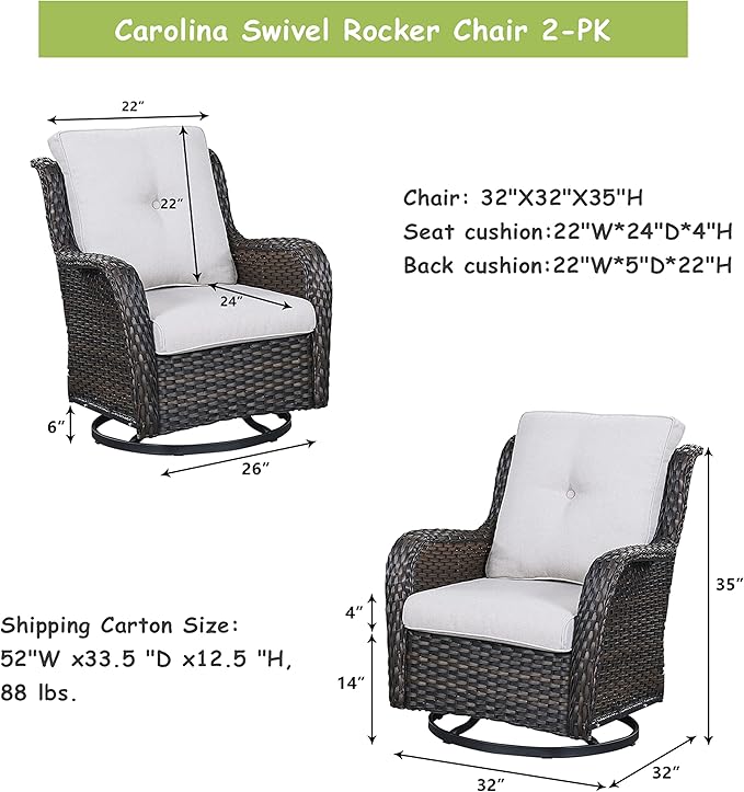 Outdoor Patio Swivel Rocker Chairs - Single Wicker Rattan Patio Swivel Rocking Chair with High Back,Deep Seating and Comfort Cushions for Deck Porch Garden,Brown/Beige-VerdiqueGarden
