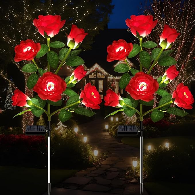 2 Pack Solar Garden Lights Outdoor, 7-Flower Rose LED Stake Light for Yard Patio Pathway Lawn Fence Cemetery, Red-VerdiqueGarden