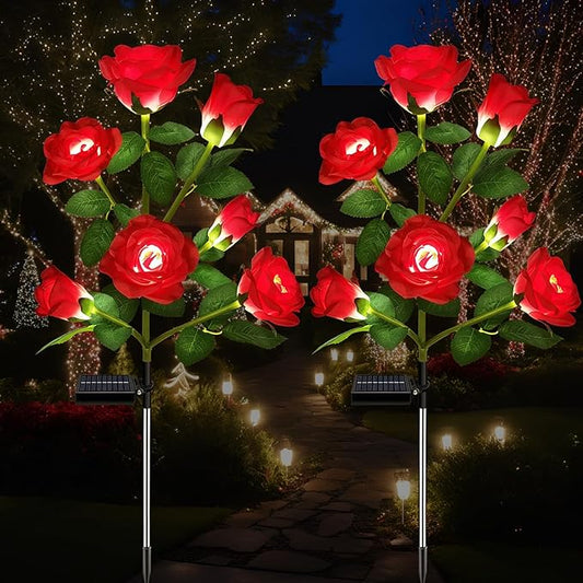 2 Pack Solar Garden Lights Outdoor, 7-Flower Rose LED Stake Light for Yard Patio Pathway Lawn Fence Cemetery, Red-VerdiqueGarden