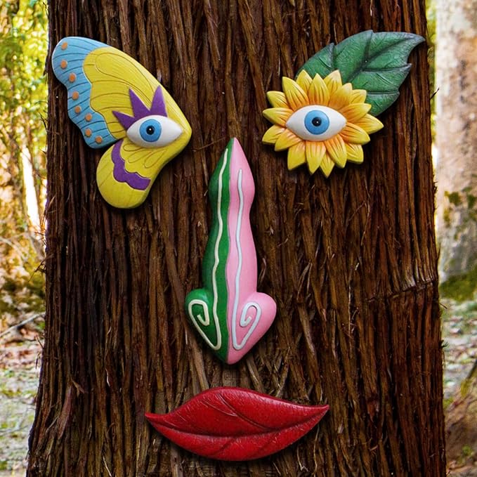 Tree Faces Decor Outdoor,Funny Tree Faces Sculpture,Colorful Fence Decorations Outdoor,Suitable for Yard and Garden Art Décor(1pcs,Colorful Butterfly)-VerdiqueGarden