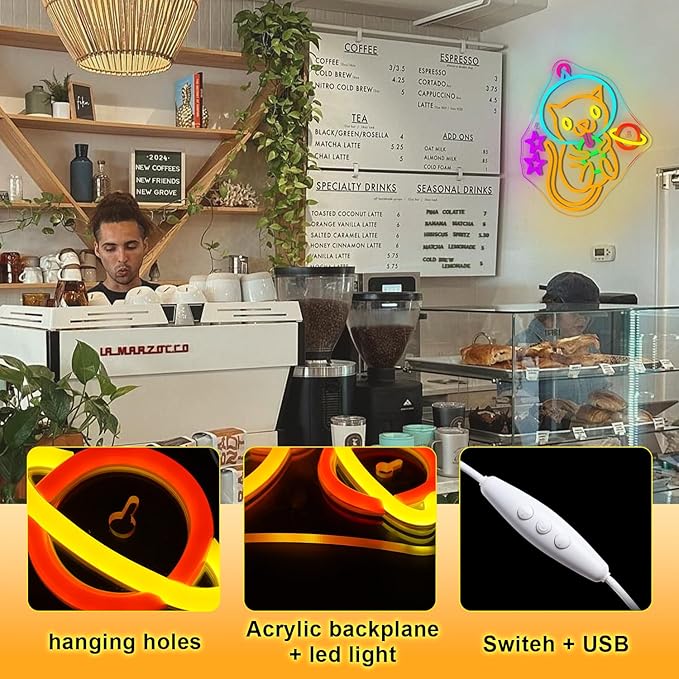 Astronaut Boba Tea Cat Neon Sign Cat Neon Lights for Wall Decor Cute Kitty with Stars Asteroids Anime Led Light Sign for Kids Bedroom Dimsum Store Cofes Bar Milk Tea Shop-VerdiqueGarden