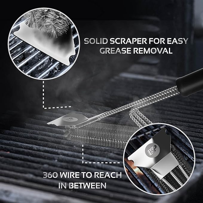 KITCHEN PERFECTION Safe Wire Grill Brush for Outdoor Grill w/Grill Scraper & Grill Mat Grill Cleaning Kit -Extended Handle BBQ Brush for Effortless Grill Cleaning Grill Cleaner Brush Barbecue Tools-VerdiqueGarden