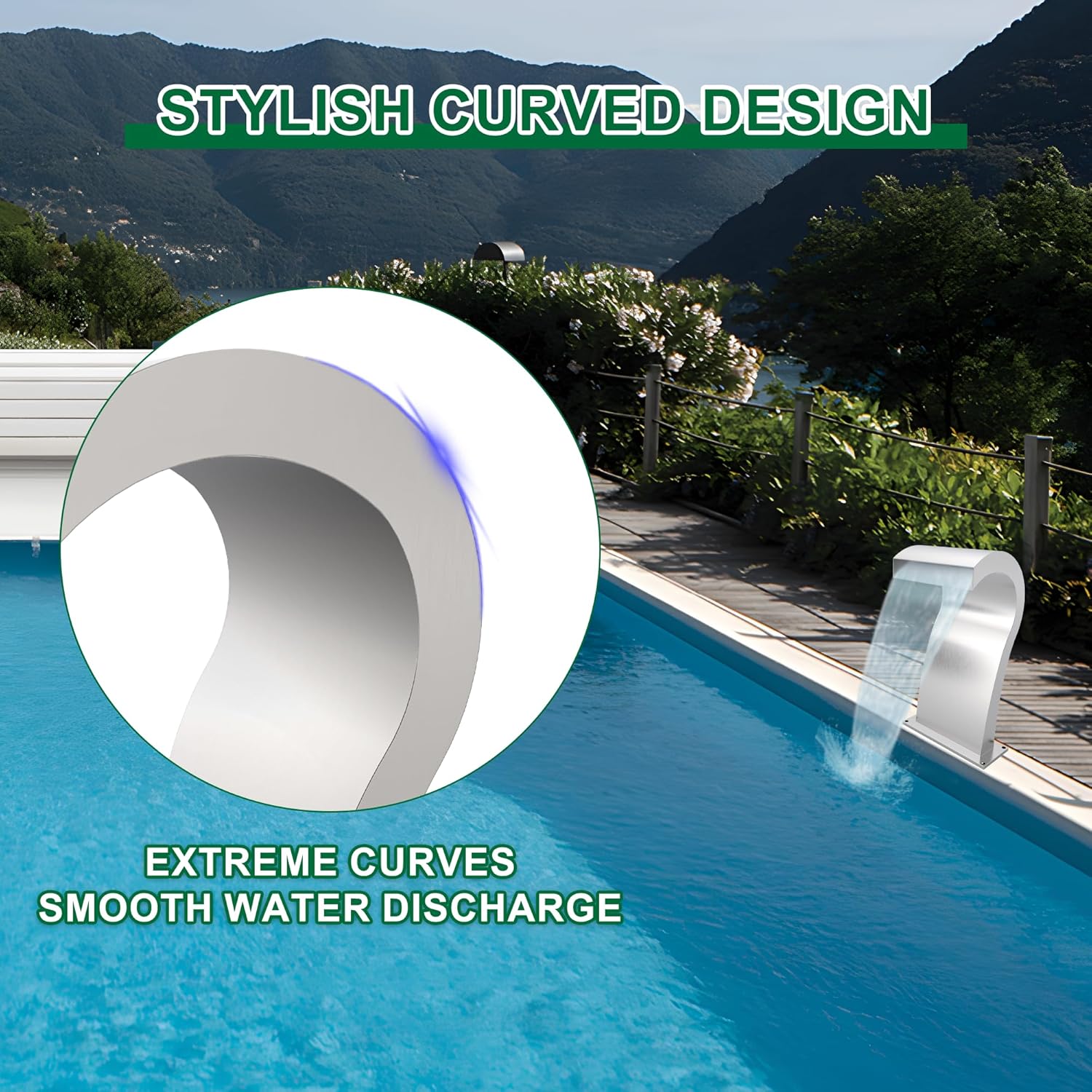 Pool Waterfall Fountain Stainless Steel Fountain 22.60'' x 10.55'' x 14.57'' Silver Pool Fountains for Ground Pools Garden Outdoor Waterfalls Sheer Descent Pond Water Feature-VerdiqueGarden