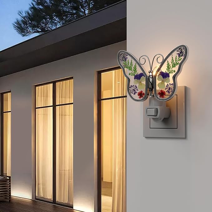 KY&BOSAM Butterfly Night Light Plug into Wall Night Lights Real Flower Glass and Metal Nightlights for Hallway Nursery Bedroom Bathroom Kids Room Kitchen Stairway Accent Elegant Themed Home Decoration-VerdiqueGarden