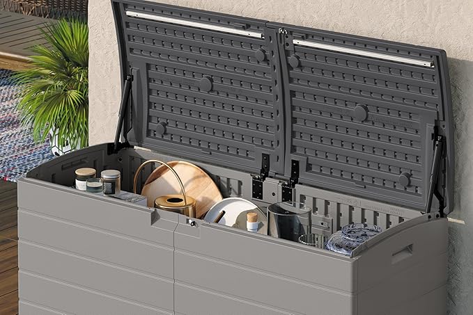 Suncast 120-Gal. All-Weather Patio Deck Box with Pad-Lockable Split Top Lid, Extra-Large Outdoor Storage Unit for Patio Furniture and Grill Tools, Made in the USA-VerdiqueGarden