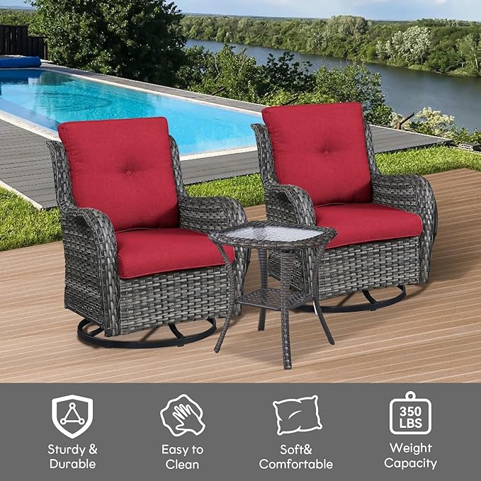 Outdoor Swivel Rocker Wicker Chairs Set of 3, High Back Swivel Patio Chairs Wicker Furniture Set, 2 PCS Rattan Swivel Rocking Chair with Side Table, Red Cushion-VerdiqueGarden