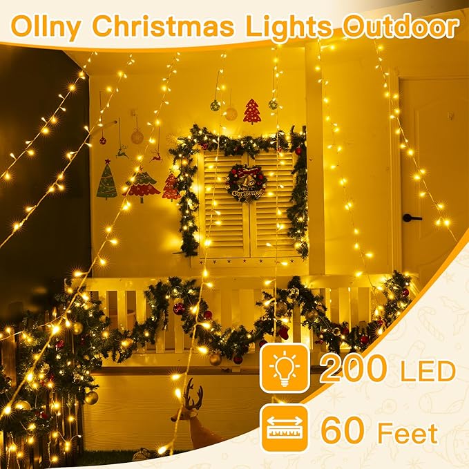 Ollny String Lights Indoor 200LED 60FT, Warm White Connectable Plug in LED Outdoor Light, 8 Modes Waterproof Timer Christmas Lights for Outside Bedroom House Party Wedding Camping-VerdiqueGarden
