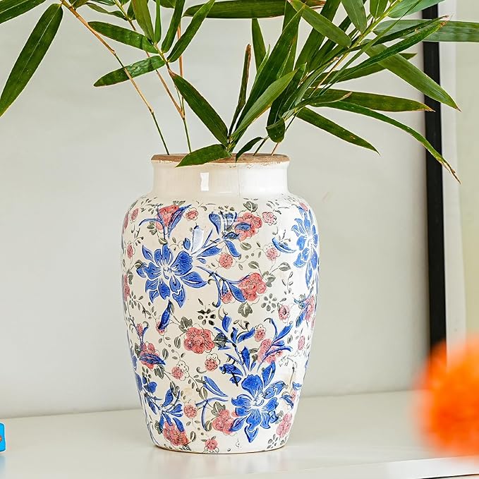 Sungmor Ceramic Flower Vase, Vintage Ice Cracked Glaze Porcelain Vase, Pretty Home Decor Vase for Flower Arrangement, Fresh Flowers, 10.2 Inch Tall Chinoiserie Pottery Vase, Blue Floral Pattern-VerdiqueGarden