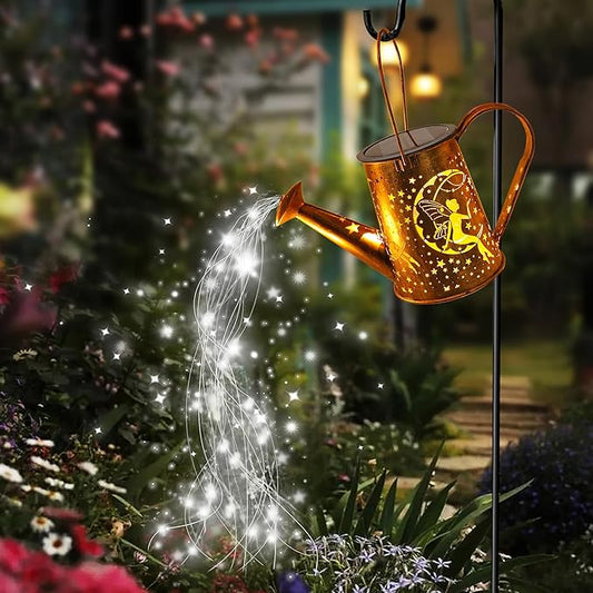 Big Solar Powered Watering Can Lantern & Moon Fairy Garden Decor Set Outdoor Waterproof Hanging Path Lights with Shepherd Hooks, Perfect Patio Decor Gardening Gift for Women, Mom, Grandma (Cool White)-VerdiqueGarden