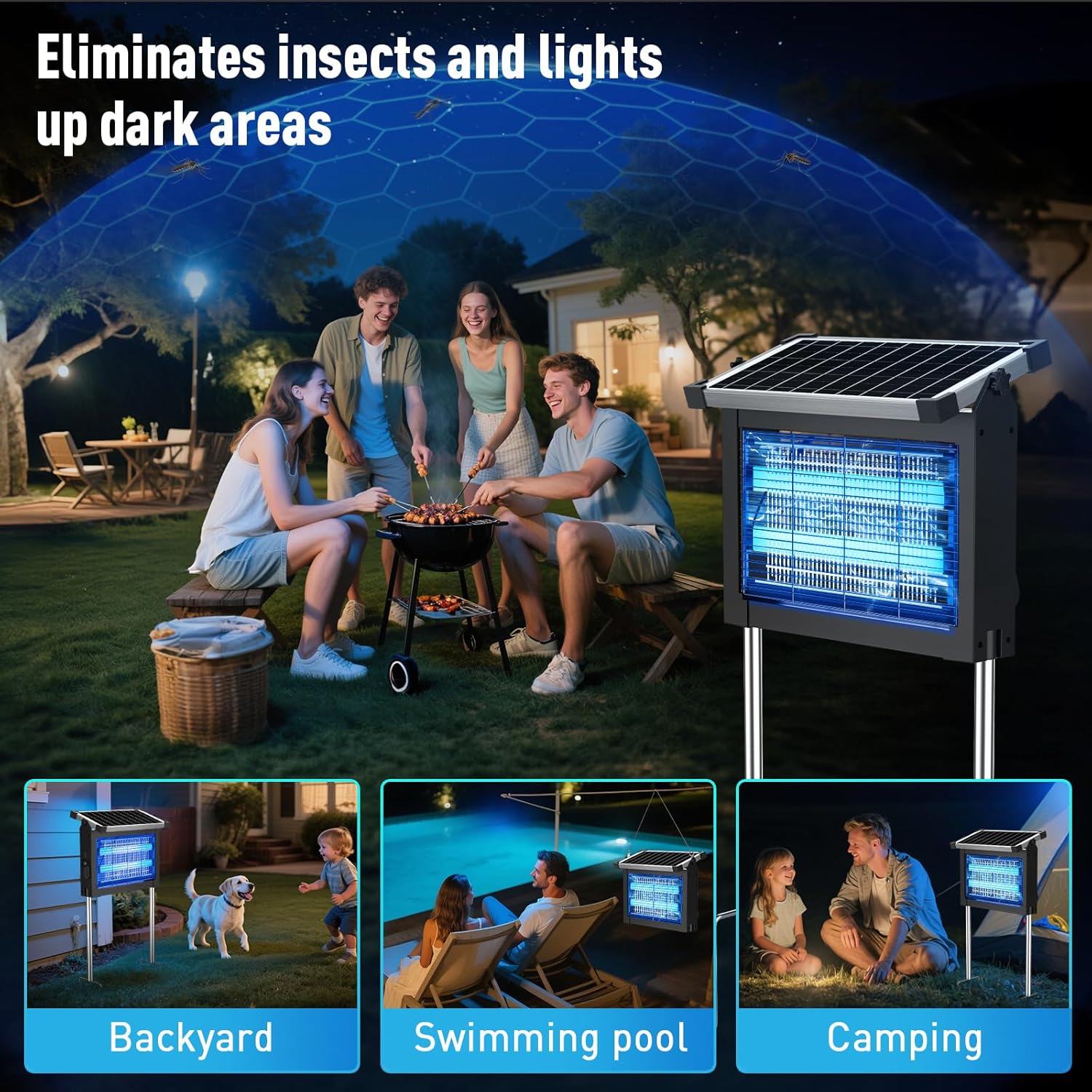 Solar Bug Zapper, 4500V IP66 Waterproof Outdoor Portable Rechargeable Electric Mosquito Killer for Camping, Patio, Garden Mosquito Zapper for Outdoor Use-VerdiqueGarden