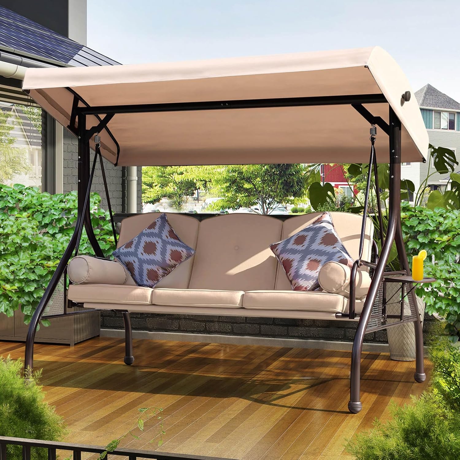 NOBLEMOOD Patio Porch Swing, 3-Seat Outdoor Swing with Adjustable Canopy, Waterproof Fabric Cushion, Pillow and Foldable Side Tray for Patio, Backyard, Porch Swing Bed for Spring-VerdiqueGarden