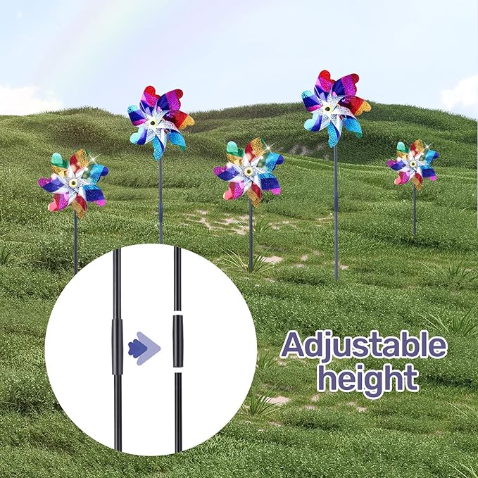 BATTIFE 10 Pack Sparkly Rainbow Pinwheels, Reflective Wind Spinner for Yard and Garden with Stakes, Decor Windmill to Scare Birds Away for Lawn and Patio-VerdiqueGarden
