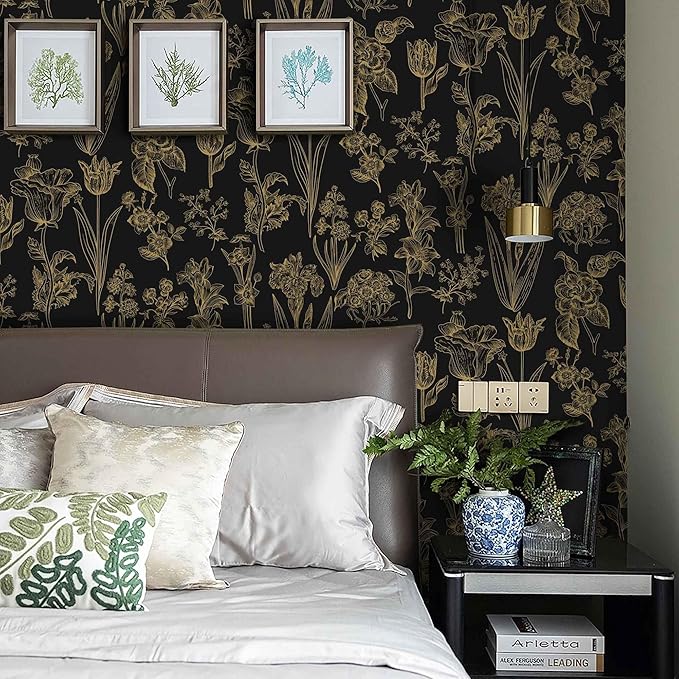 Dimoon 393"x17.3" Floral Wallpaper Peel and Stick Flowers Golden Black Contact Paper Thicken Waterproof Modern Self Adhesive Plants Wallpaper Removable Wall Paper Shelf Vinyl Roll-VerdiqueGarden