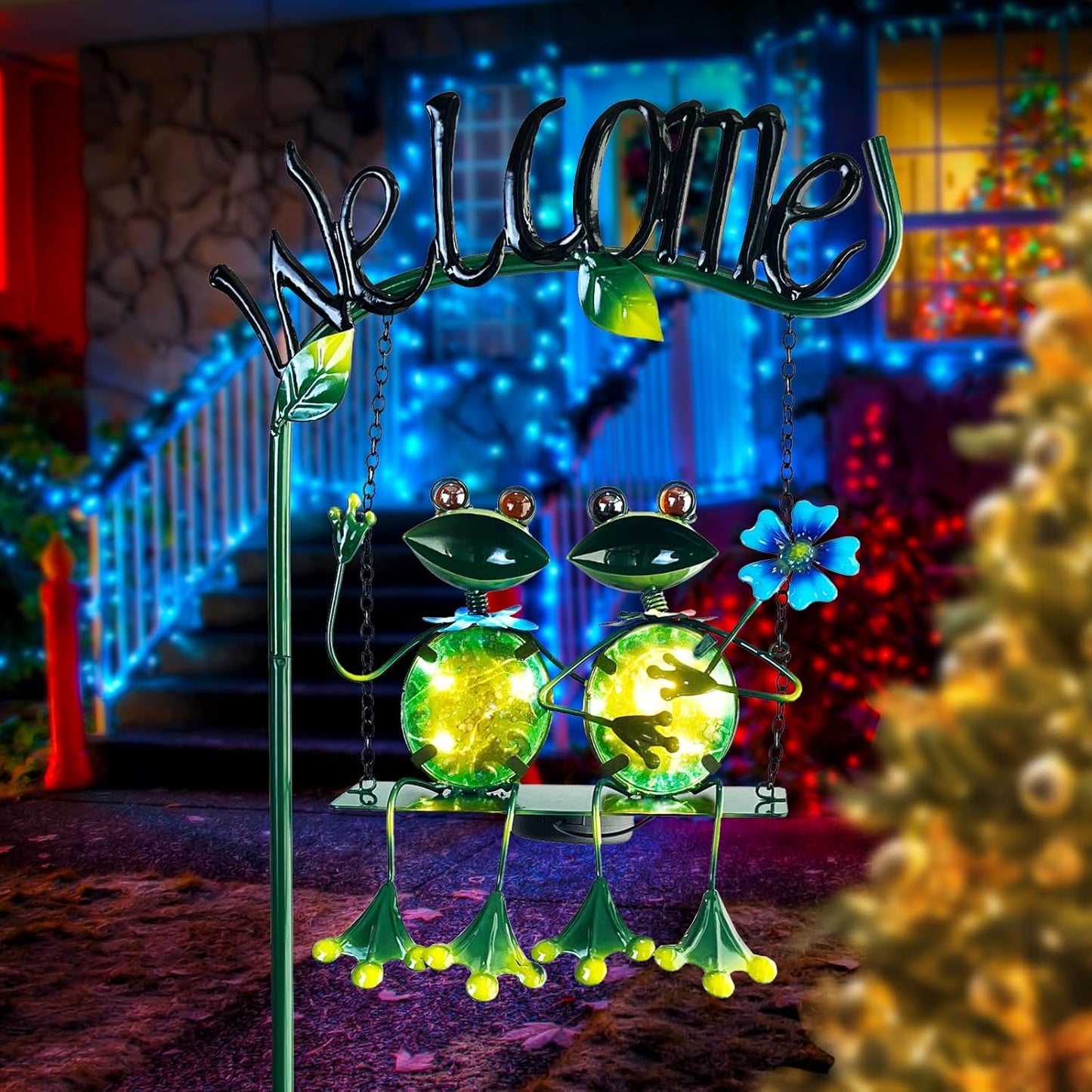 HONGLAND Outdoor Garden Solar Lights,Frog Swing Garden Decor,Frog Decorative Stake with Welcome Sign for Landscape Patio Yard (48 inch)-VerdiqueGarden