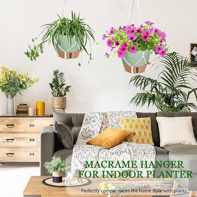 10 Inch Hanging Planters for Indoor Plants, 2 Pack Self Watering Hanging Baskets Flower Pots with Drainage Hole, Visual Reservoir & 2 Kinds of Plant Hanger for Outdoor Garden Home Decor-VerdiqueGarden