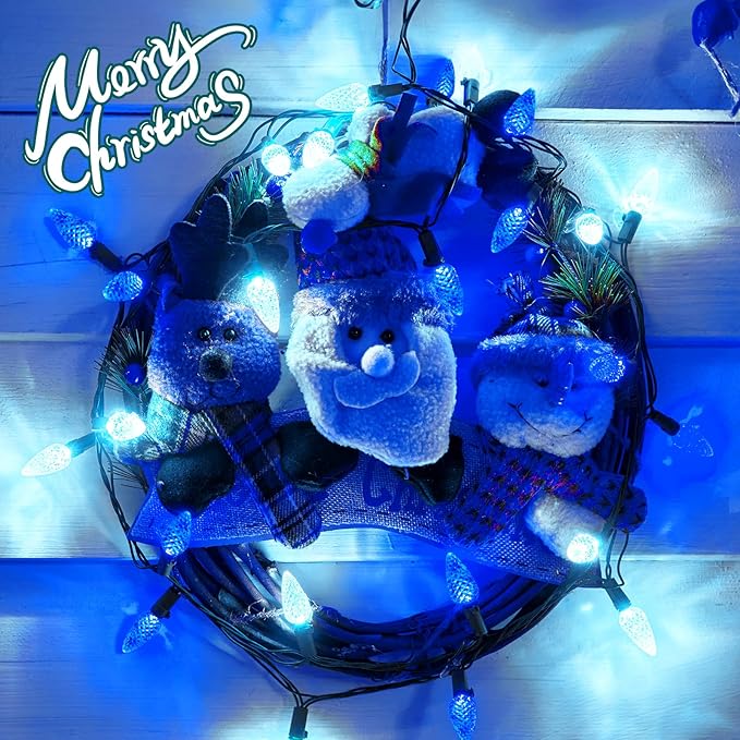 Brightown C6 LED Christmas String Lights - 2 Pack Each 20ft 60LED Battery Operated Strawberry String Lights with Timer and 8 Light Modes for Christmas Trees Wreaths, Indoor Xmas Decor, Blue and White-VerdiqueGarden