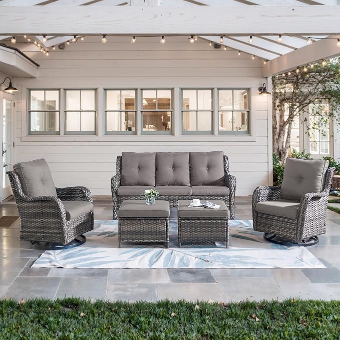 5 Piece Outdoor Patio Furniture Set - Wicker Furniture Patio Conversation Set, Outdoor Swivel Rocker Chairs with 3-Seater Sofa and 2 Ottomans for Small Space, Gray Cushion-VerdiqueGarden