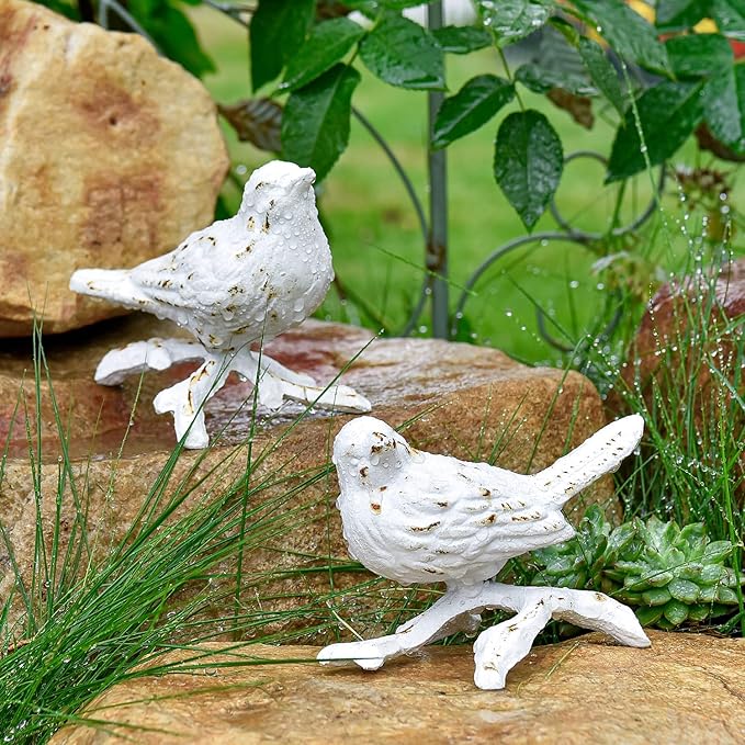 Sungmor Cast Iron Small Bird Statues, Set of 2 Antique White Bird with Branch Collectible Figurines, Farmhouse Home Garden Decorative Bird Sculpture, Realistic Indoor and Outdoor Ornaments-VerdiqueGarden