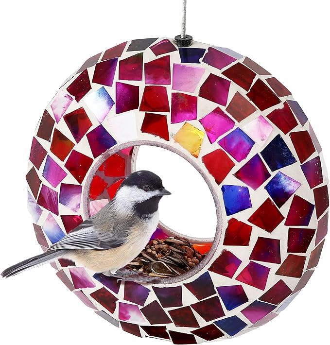 Sunnydaze 6-Inch Glass Mosaic Hanging Bird Feeder for Outdoors - Fly-Through Wild Bird Feeder - Crimson Mosaic-VerdiqueGarden