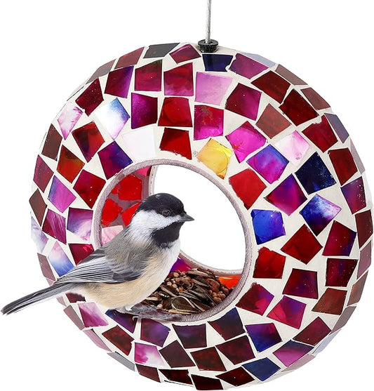 Sunnydaze 6-Inch Glass Mosaic Hanging Bird Feeder for Outdoors - Fly-Through Wild Bird Feeder - Crimson Mosaic-VerdiqueGarden