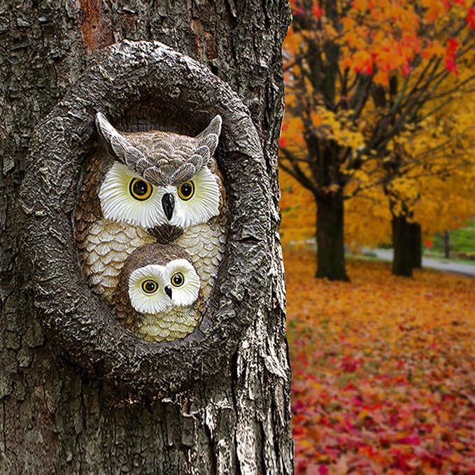 Owl Mom and Owlet Tree Hugger, Outdoor Garden Sculpture Tree Faces, Owl Bird Garden Resin Statue, Tree Peeker Ornament, Durable & Waterproof, Decorations Gardening Presents for Housewarming Birthday-VerdiqueGarden