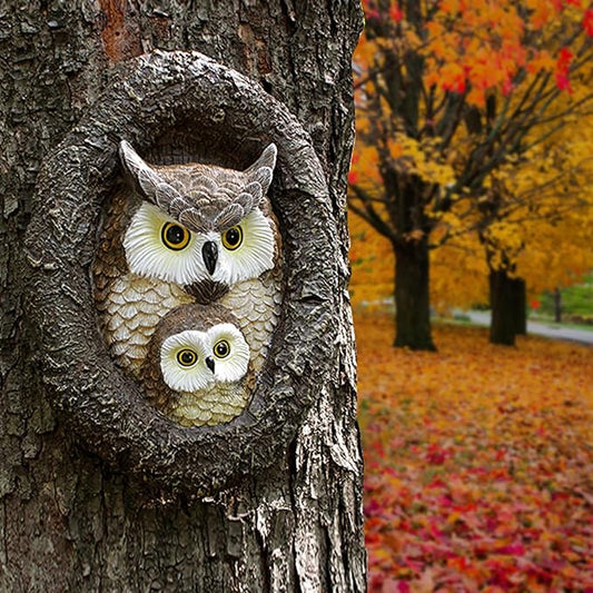 Owl Mom and Owlet Tree Hugger, Outdoor Garden Sculpture Tree Faces, Owl Bird Garden Resin Statue, Tree Peeker Ornament, Durable & Waterproof, Decorations Gardening Presents for Housewarming Birthday-VerdiqueGarden