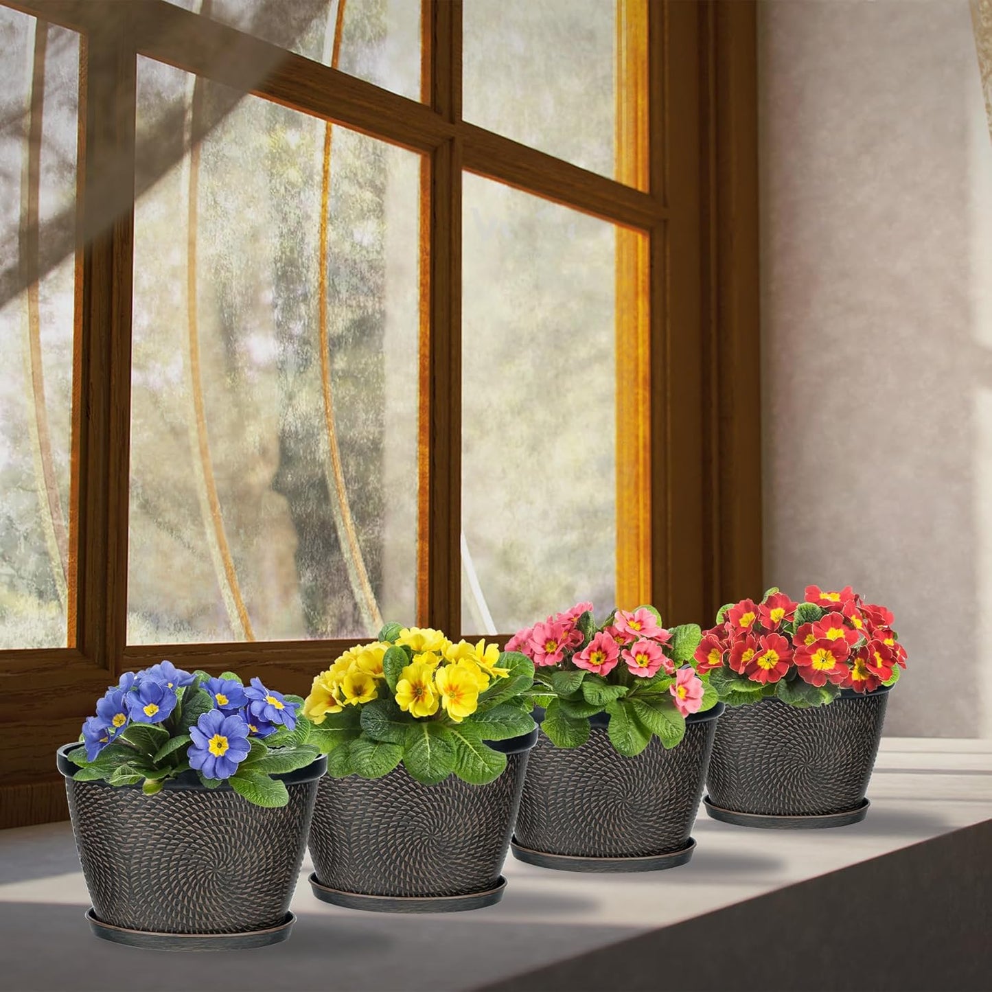 Quarut 4 Pack 6 Inch Flower Pots for Outdoor Indoor, Plastic Plant Pots with Drainage Hole & Saucer, Lightweight Small Flower Pot, Circle Pattern Planters for Garden House planters（Black Copper）-VerdiqueGarden